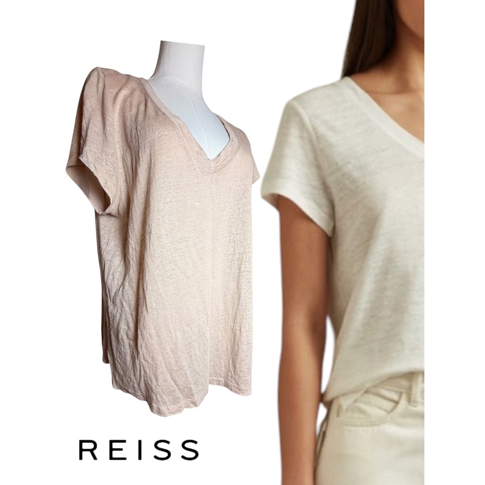 Reiss Lottie Linen Jersey V Neck Tee Beige Large